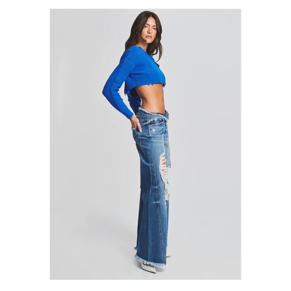 New! SER.O.YA “Ollie” Fold Over Wide Leg Distressed Jeans in Bayside Blue - Picture 5 of 13